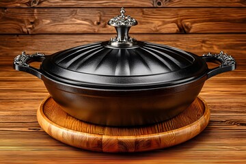 Elegant black cookware with lid on wooden surface high resolution image