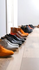 Row of various leather shoes on light wood floor