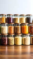Rows of clear glass jars filled with various dried foods