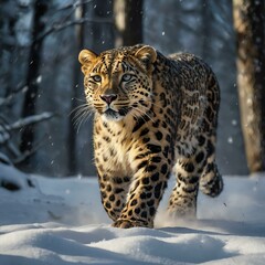 A majestic leopard walking in the snow.