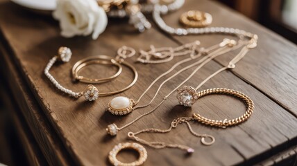 Arrangement of gold and silver jewelry including necklaces and bracelets on a wooden surface top view