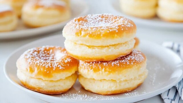 Sweet Temptation: A mouthwatering stack of glazed donuts, dusted with powdered sugar, beckons the viewer with its irresistible charm.