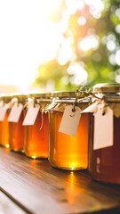 Rows of honey jars, tied with twine, on a wooden table, sunlight