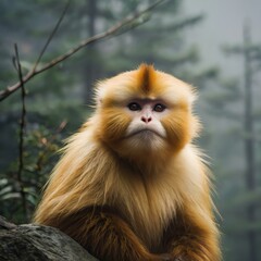 Fototapeta premium Golden monkey in a misty forest landscape.