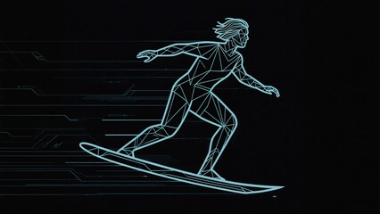 Fototapeta premium Neon Blue Polygon Surfer Tech Art for Sports Innovation, Cyber Style & Digital Design