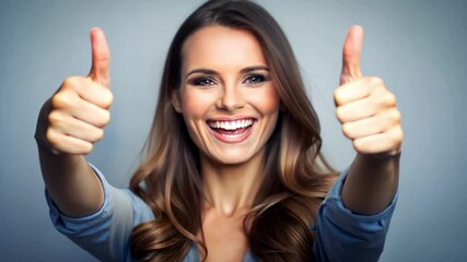 Smiling young Caucasian woman with long brown hair giving thumbs up. She has a joyful expression and is wearing a casual blue top against a neutral background. - Powered by Adobe