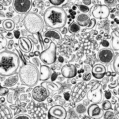 Seamless vector pattern fruits, berries and nuts. Print with granola. Background with healthy snacks