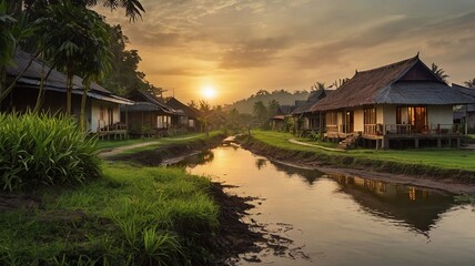 Fototapeta premium Serene Indonesian Village River Sunset