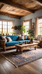 Rustic living room with wooden beams, blue sofa, and colorful rug