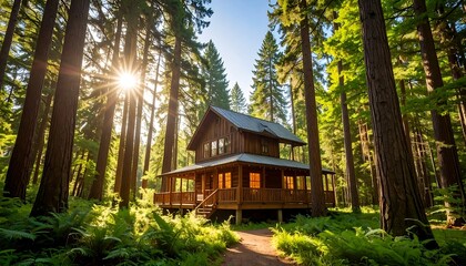 Rustic cabin nestled in forest. Sunlight streams through trees