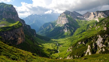 Fototapeta premium Majestic Mountain Valley Panorama Lush Green Landscape Under Cloudy Sky with Travel Destination.