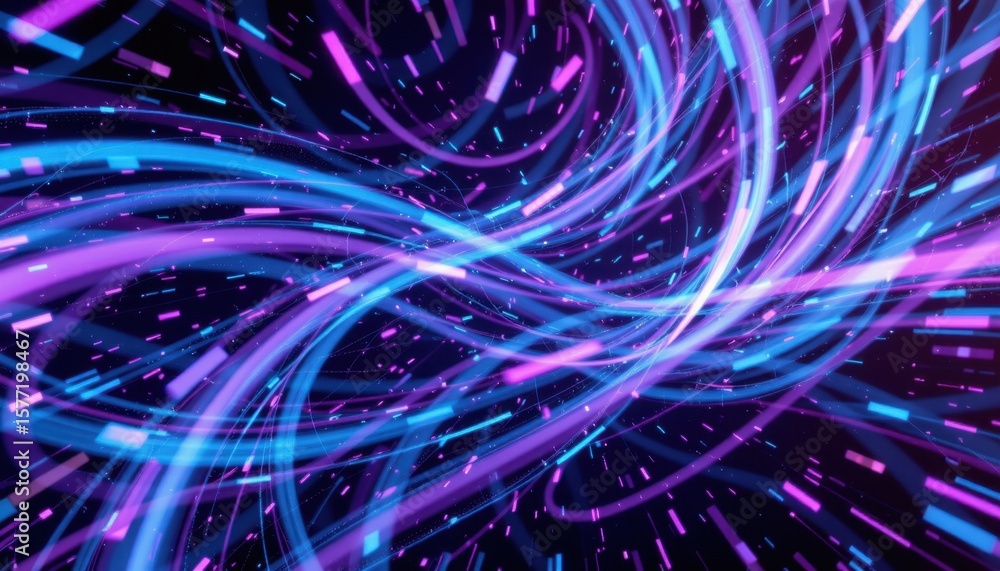 Fototapete Abstract digital light trails with vibrant purple blue glowing streaks and particles representing futuristic technology or data streams in motion