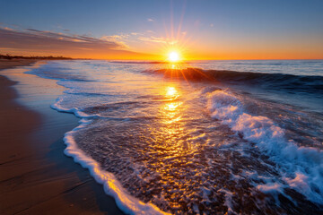 Sunset casts golden rays over ocean waves along serene beach in evening