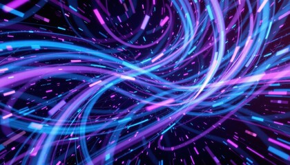 Abstract digital light trails with vibrant purple blue glowing streaks and particles representing futuristic technology or data streams in motion