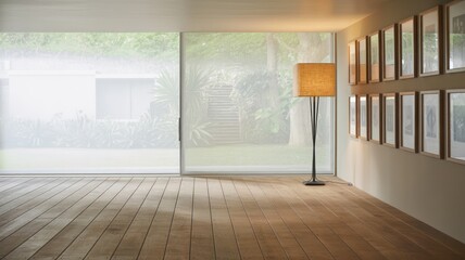 Interior view of room with wood floor, lamp, and framed pictures on the wall near large window panes