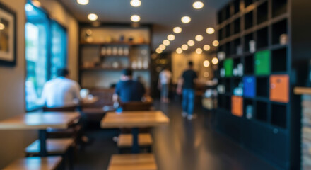 Blurred interior of a cozy coffee shop with customers sitting at tables and shelves filled with items
