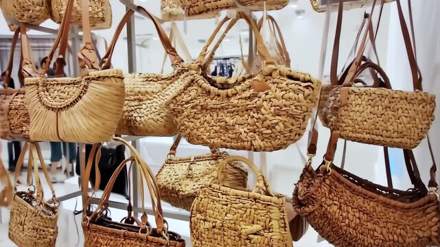 Display of woven, light brown handbags