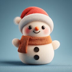 Cheerful snowman adorned with a red hat and orange scarf on a light blue background during winter festivities