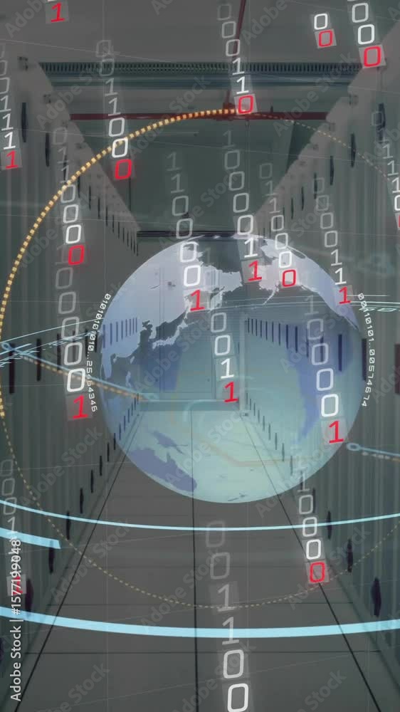 Poster animation of digital data processing, binary coding and globe over computer servers