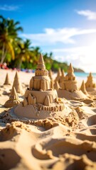 Sandcastle array on sunny beach