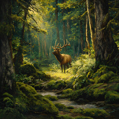 Majestic Elk in Sunlit Forest: A Glimpse into Untamed Wilderness Beauty