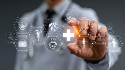 Doctor holding stethoscope with medical icons overlay representing health tech, diagnostics, and patient care