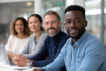 Diverse group of smiling adults in office setting.