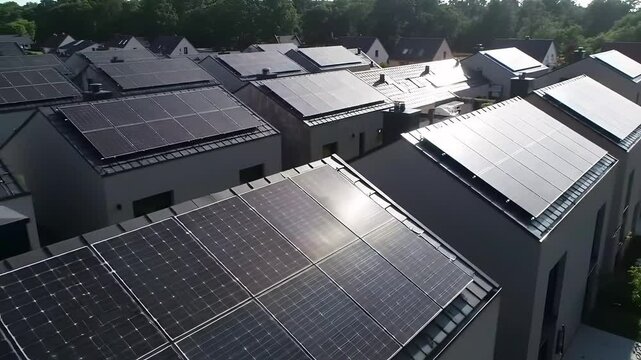 Aerial view of houses with solar panels on roofs in a residential neighborhood on a sunny day