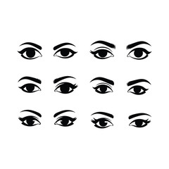 A collection of twelve stylized illustrations depicting variations in female eyes and eyebrows.