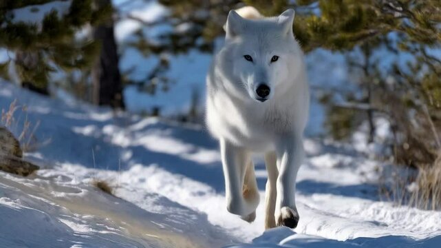 A stunning arctic wolf traversing a snowy path with a serene and focused gaze