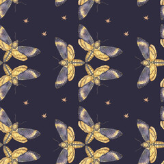 Seamless watercolor pattern featuring death's-head hawkmoth butterflies with golden stars on a dark background. Perfect for textiles, wallpapers, gothic decor, and mystical designs.