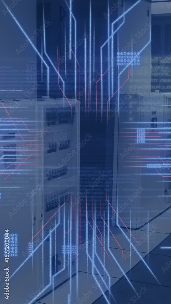 Poster animation of circuit board and data processing over computer servers