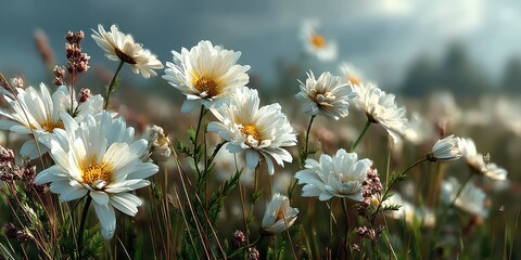 Beautiful white daisies blooming in a sunny field during springtime with a soft cloudy sky in the background