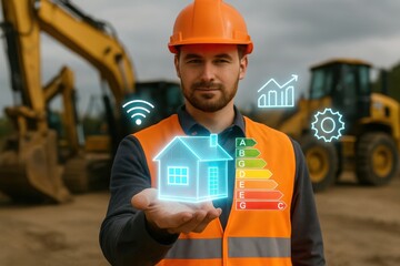 Construction worker holding holographic house with energy efficiency rating and wifi symbol