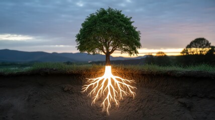 Tree with glowing roots extending into the earth against a sunset and mountain backdrop view scene