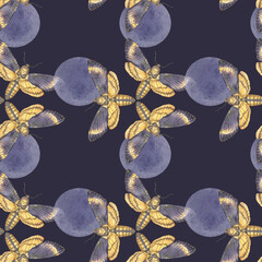 Seamless watercolor pattern featuring death's-head hawkmoth butterflies with moon on a dark background. Perfect for textiles, wallpapers, gothic decor, and mystical designs.