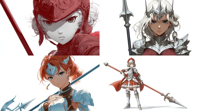 Four close-up portraits of female anime characters, each wielding a spear and wearing stylized armor in varying colors of red, white, and blue