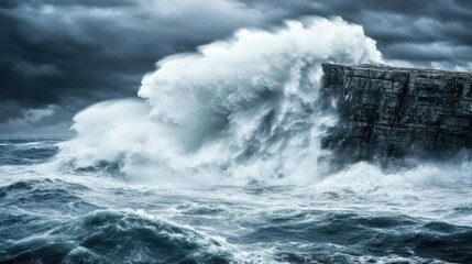 Powerful waves crash against a rocky cliff