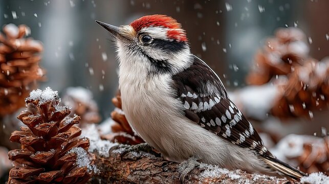 Woodpecker bird perched among snowy pinecones in a wintry forest scene, wildlife and seasonal nature background - Powered by Adobe