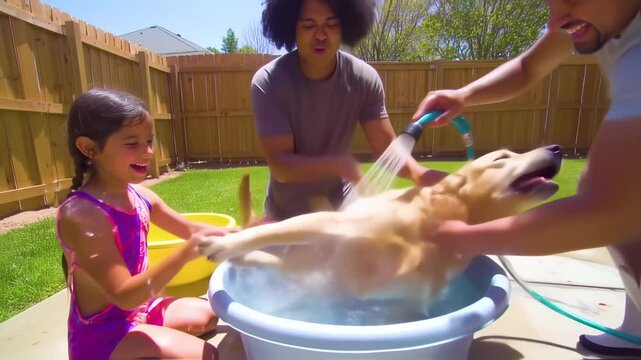 Family bathing a golden retriever puppy in a kiddie pool outdoors