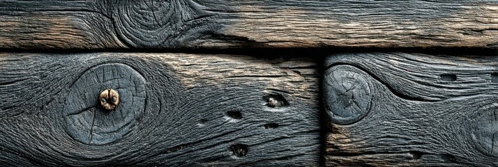 Close up reveals texture and grain of weathered wooden boards, some showing a slight charring or darkening effect