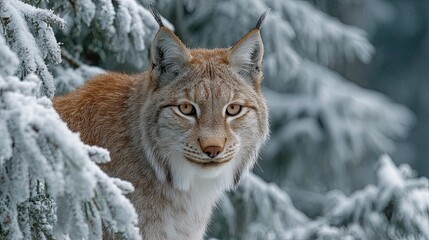 Wild lynx in snowy mountain habitat blending into natural winter background, wildlife conservation theme