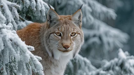 Keuken achterwand Lynx Wild lynx in snowy mountain habitat blending into natural winter background, wildlife conservation theme  © Umri