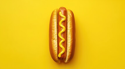 A stylized corn dog appears suspended in time against a solid mustard yellow background. The golden, crispy coating and juicy hot dog inside are highlighted