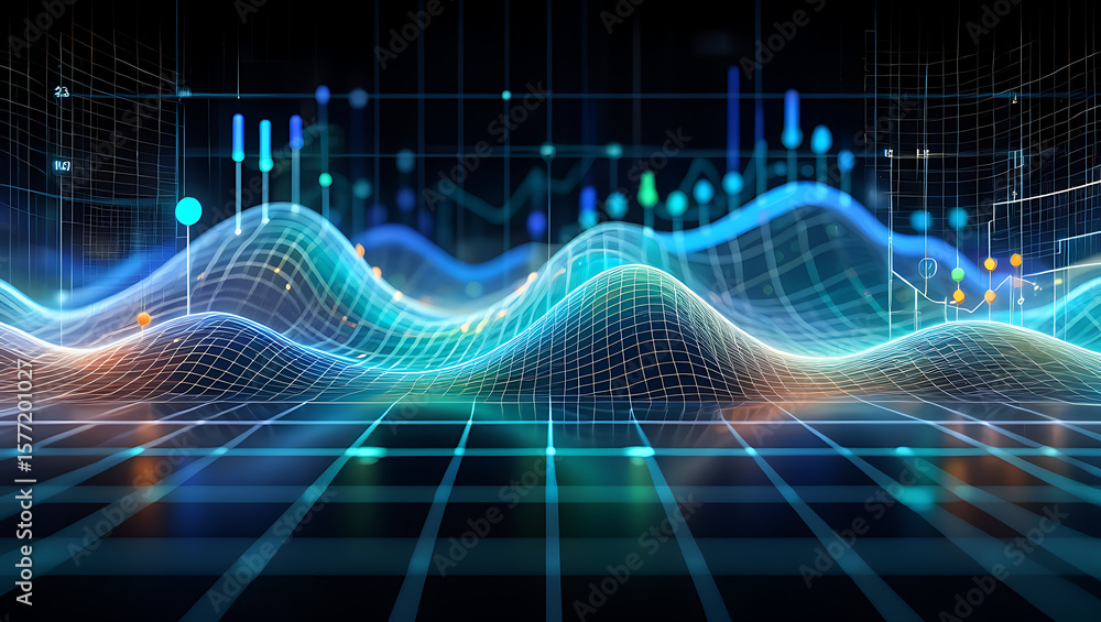 Poster the abstract data visualization displays a network of information, representing technology and digit