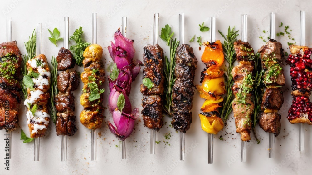 Poster all ten types of grilled meat skewers arranged in a clean minimalistic layout, each skewer styled di