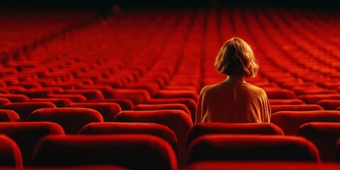 Person sits alone in empty theater with red seats during a quiet moment of reflection