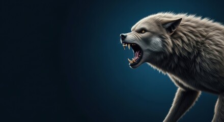 Ferocious werewolf growling on a dark background. Scary monster Halloween creature. Banner for horror theme or mystical event.
