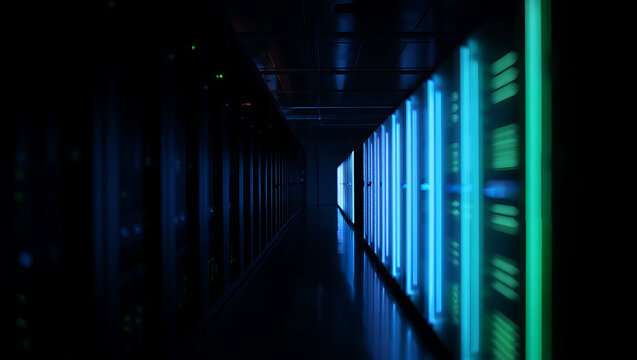 A long, dark server room with glowing blue and green lights houses the infrastructure for data storage and network communication