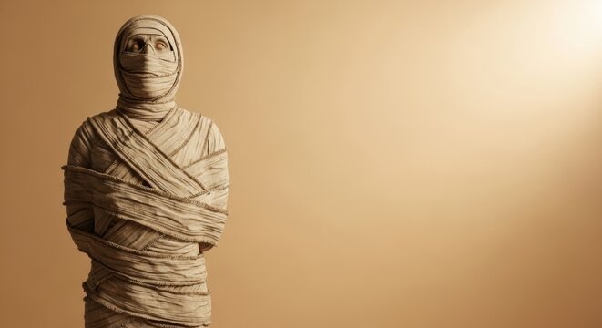 Mummy creature with glowing eye in ancient tomb with mystic light. Halloween monster for holiday party or costume background.